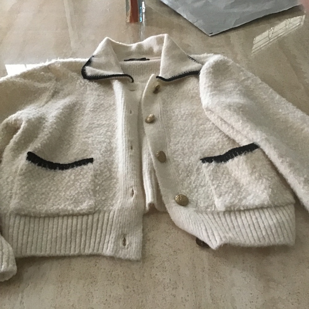 Mango white boucle whipstitch cardigan with collar size M